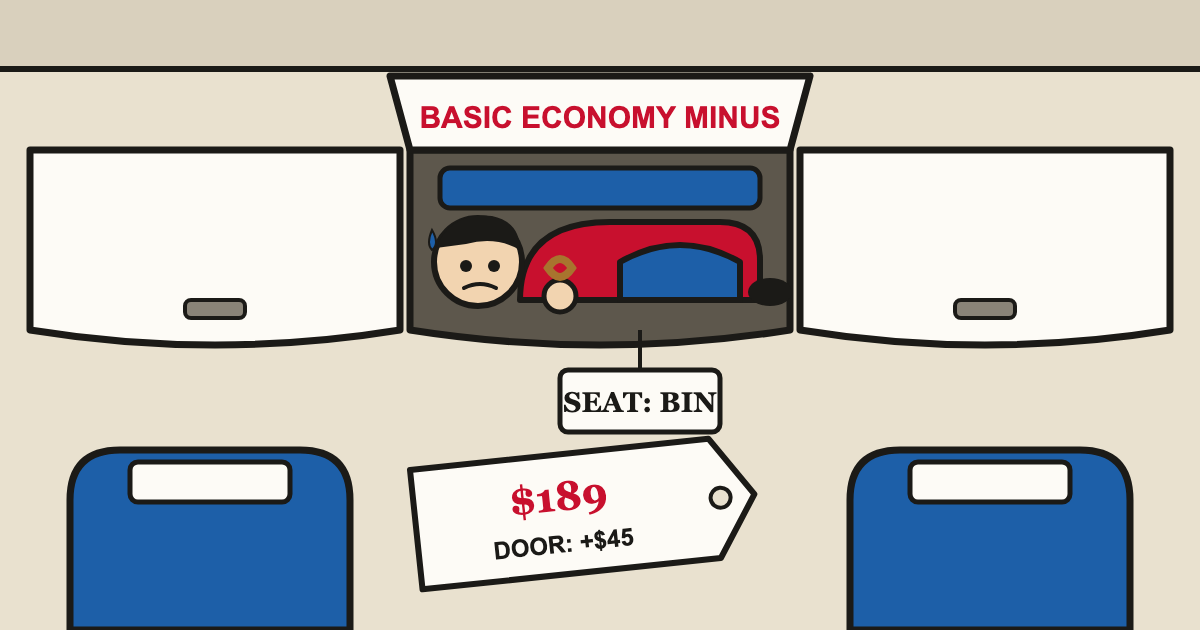 A passenger curled up inside an open airplane overhead bin labeled Basic Economy Minus, holding a single pretzel