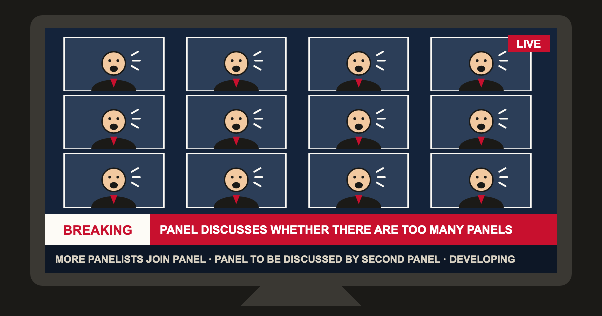 A cable news screen crammed with twelve tiny boxes of shouting panelists and a breaking news banner about panels
