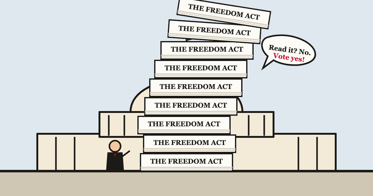 A towering, teetering stack of bills all labeled The Freedom Act in front of the Capitol dome