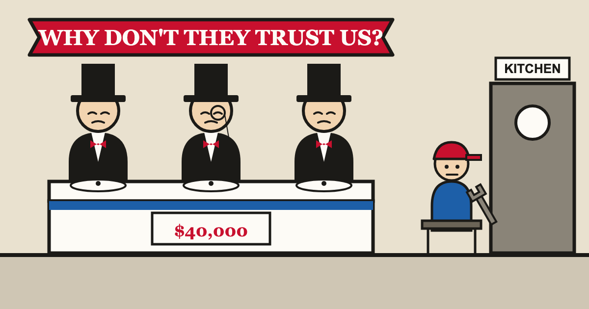 Tuxedoed diners at a chandeliered banquet under a banner asking Why Don't They Trust Us, while a lone plumber eats at a tiny table by the kitchen door