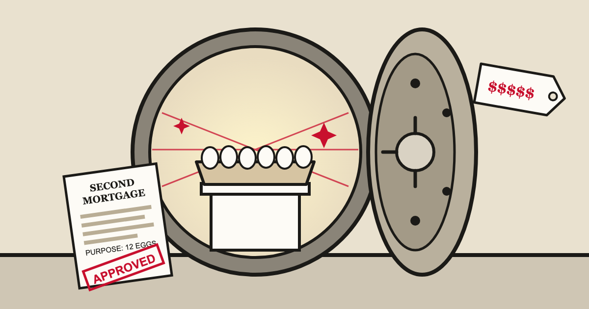 A dozen eggs displayed inside an open bank vault next to an approved second mortgage