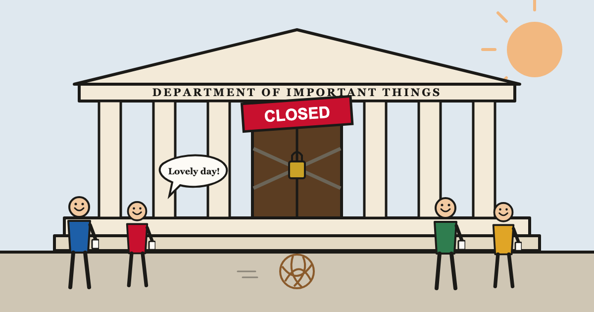 A chained-up government building with a closed sign and a tumbleweed while cheerful people stroll past with coffee