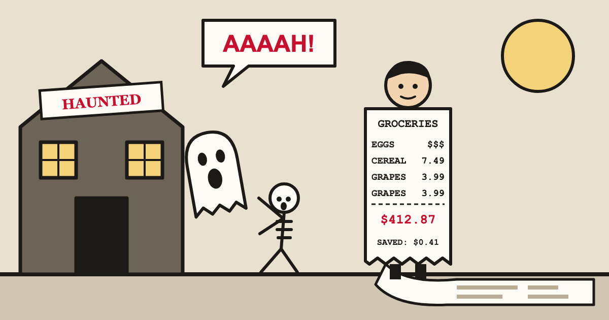 A child wearing an eleven-foot grocery receipt as a Halloween costume while a sheet ghost and a skeleton flee a haunted house in terror