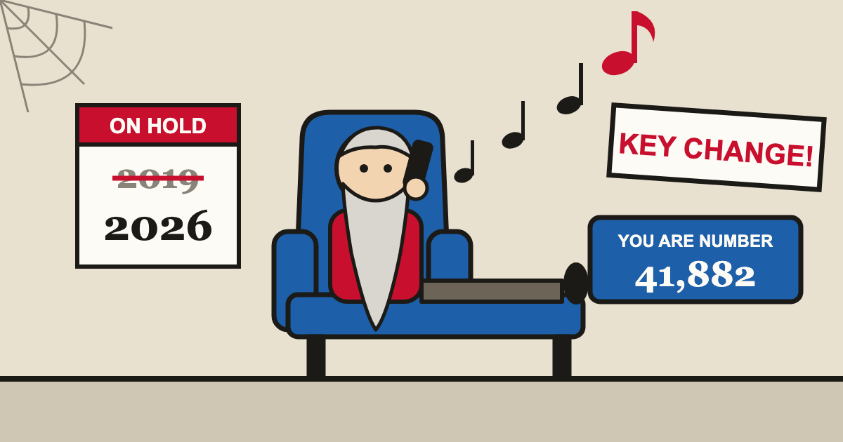 A gray-bearded man in a recliner holding a phone as musical notes climb upward toward a sign reading Key Change, beside a calendar flipped from 2019 to 2026